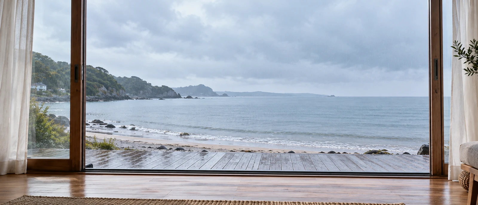 少し開けた引き戸の向こうに、雨のデッキと灰青色の海