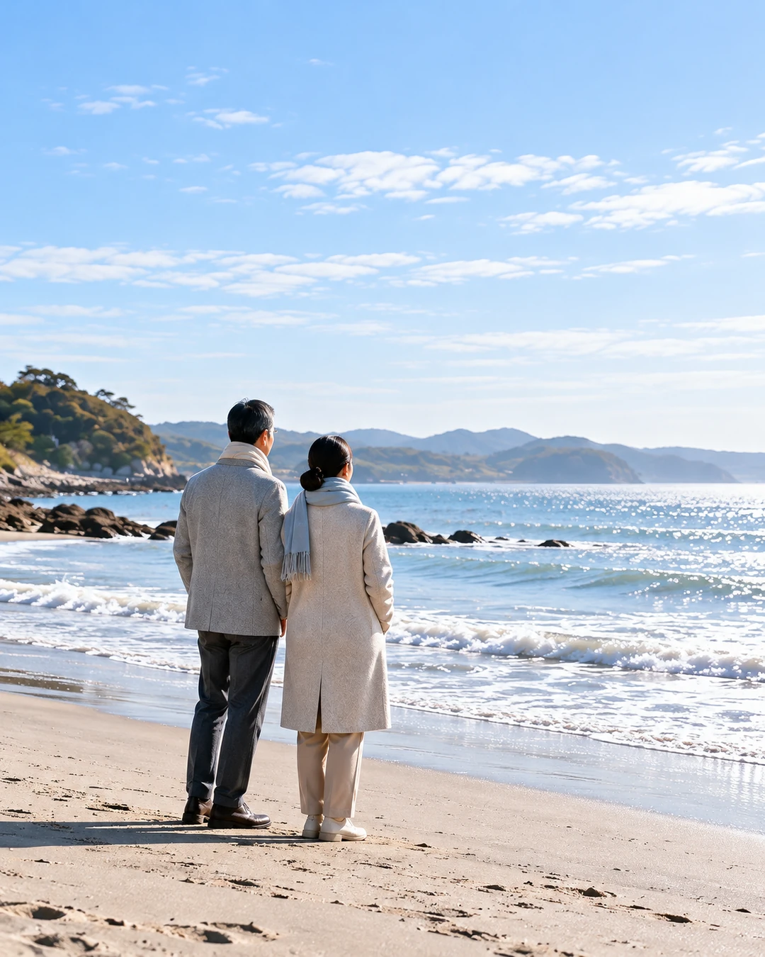 冬の朝の浜に立つ