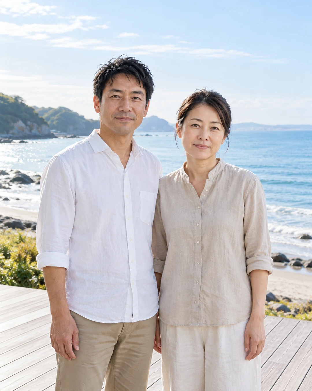 海を背に、デッキに並んで立つ夫婦