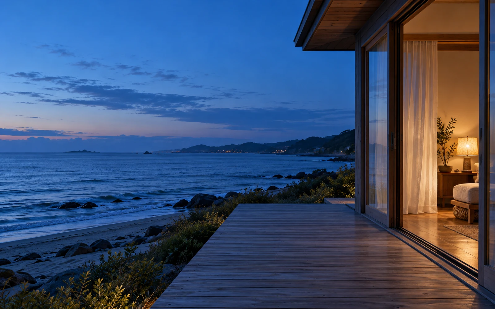 日が落ちたあとのデッキの灯り